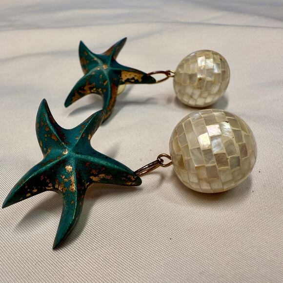 Nautical Starfish Earrings Turquoise Patina and Mother of Pearl Drops Mermaid - Picture 2 of 4
